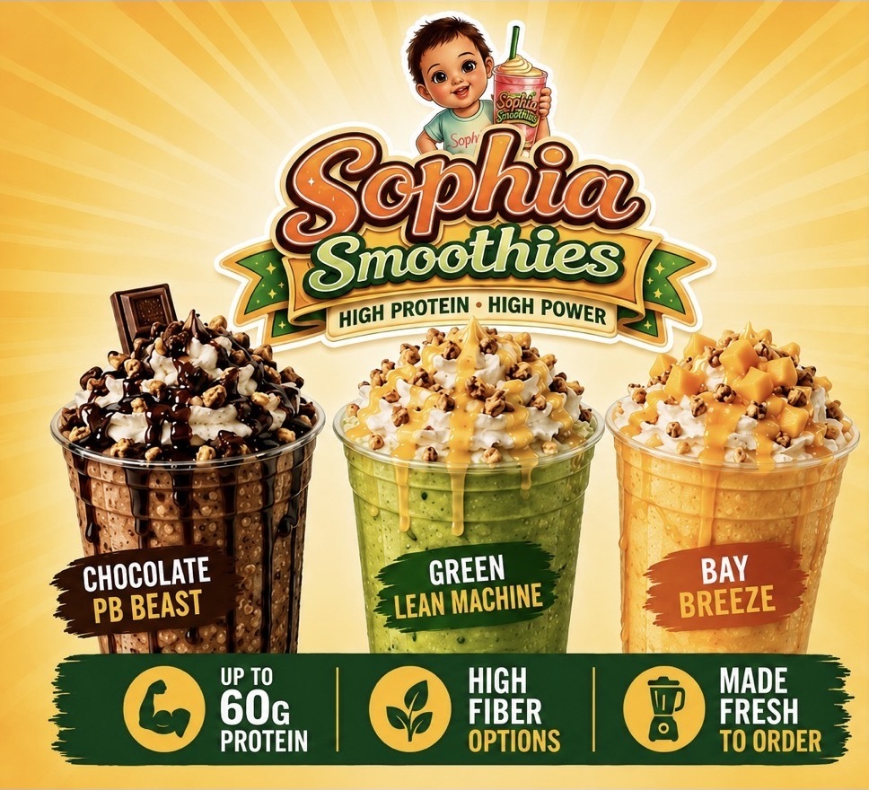 Sophia Smoothies Phase 2 specialty drinks: Chocolate PB Beast, Green Lean Machine, and Bay Breeze
