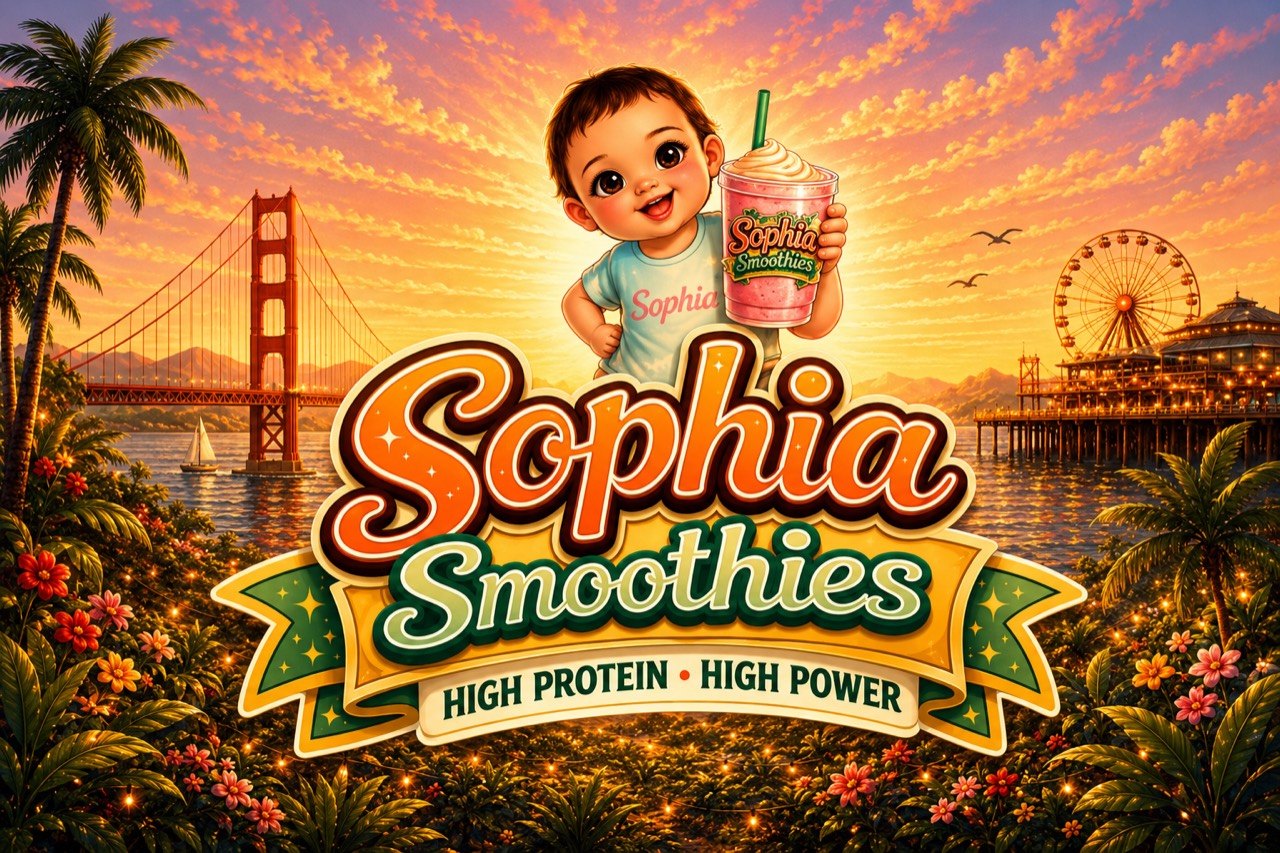Illustrated Golden Gate Bridge at sunset with a baby holding a smoothie, Sophia Smoothies - High Protein High Power